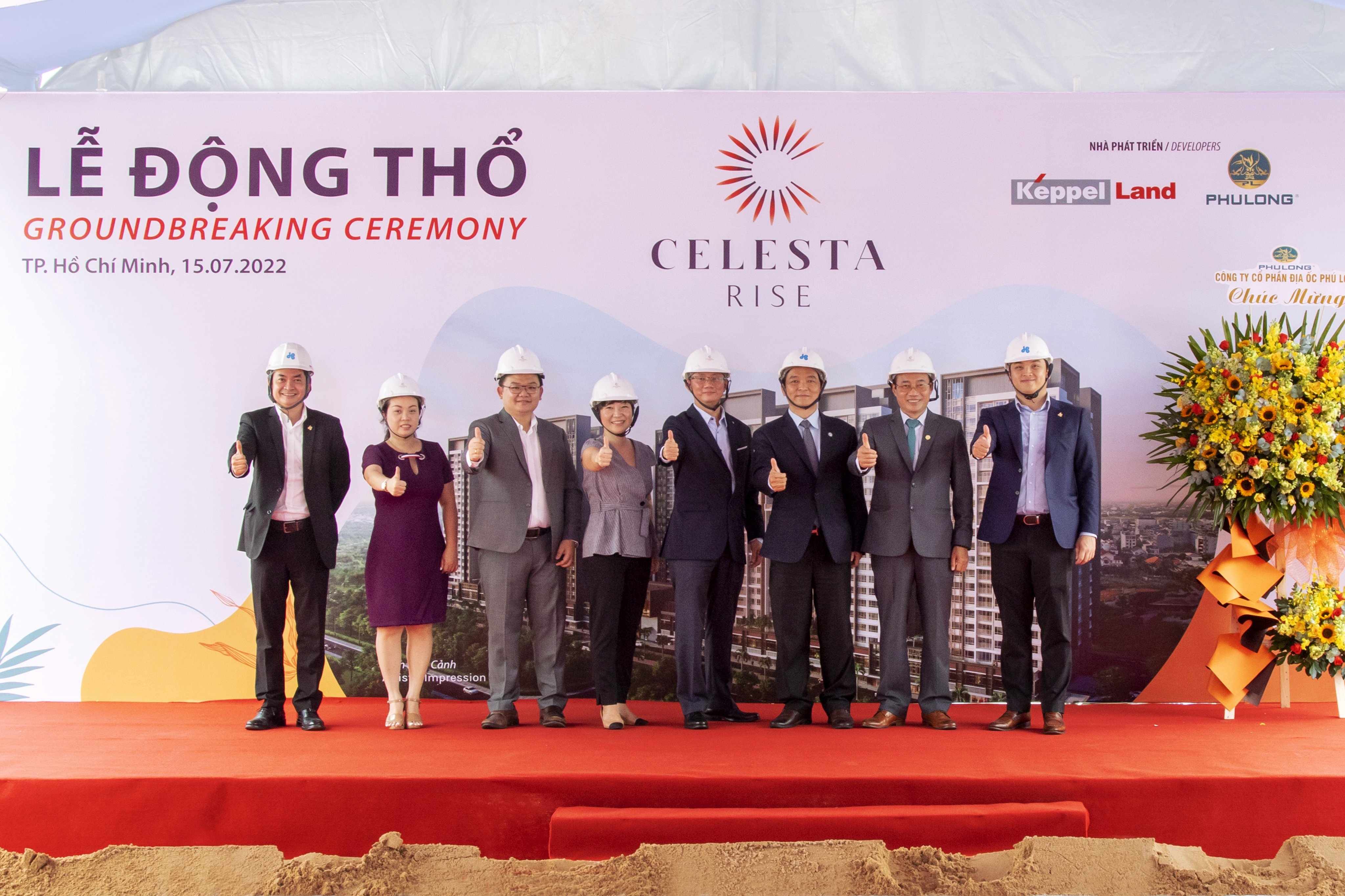 Representatives from Keppel Land, Phu Long, and Hoa Binh celebrated the groundbreaking of Celesta Rise